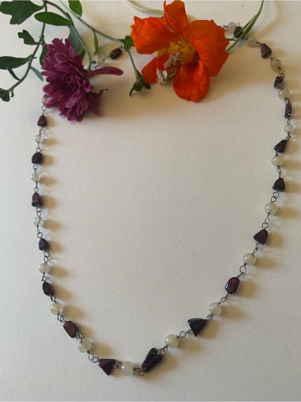 Handcrafted Garnet and Moonstone Station Necklace - Elegant Two-Tone Necklace